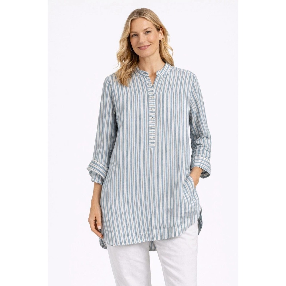 J. Jill Love Linen Tunic Women XS Blue White Striped Popover 3/4 Sleeve Blouse